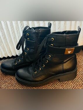 Guess Black Lace-Up Combat Boots with Gold-Tone Accents